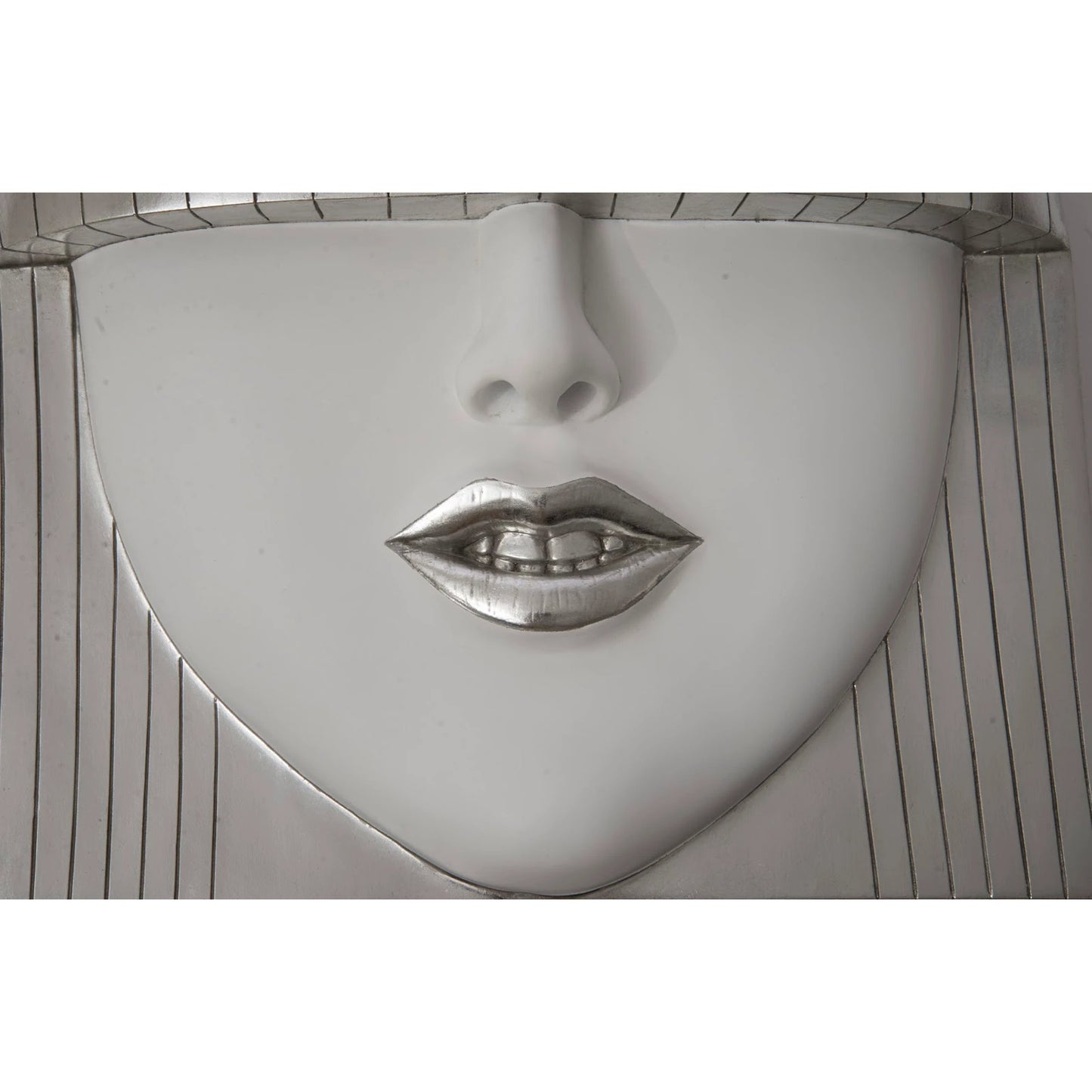 003 SI-1786321 | Closeup | Fashion Faces Large Smile White and Silver Wall Art by Phillips Collection in silver, white and silver leaf. Made from resin in a modern style.