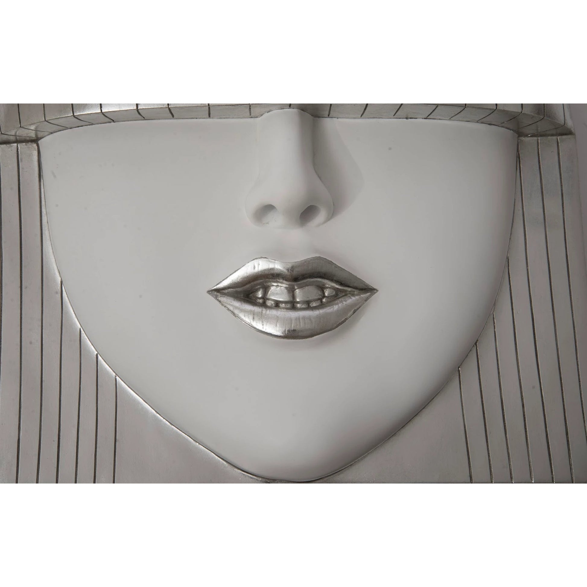 Fashion Faces Large Smile White and Silver Wall Art by Phillips Collection in silver, white and silver leaf. Made from resin in a modern style.