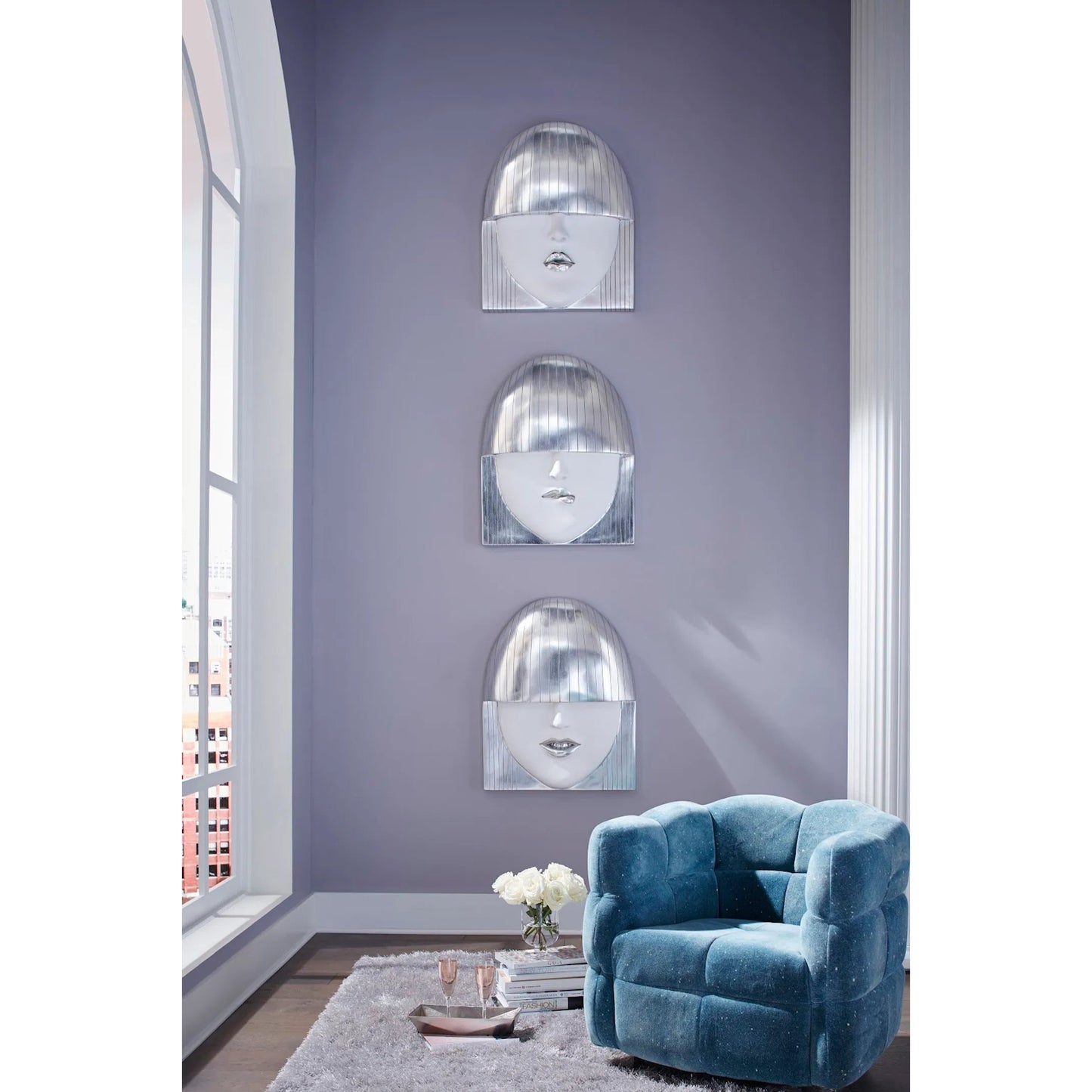 005 SI-1786321 | Lifestyle | Fashion Faces Large Smile White and Silver Wall Art by Phillips Collection in silver, white and silver leaf. Made from resin in a modern style.