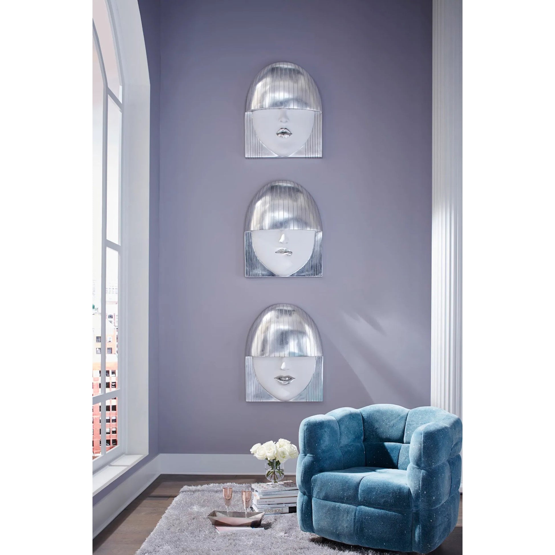 Fashion Faces Large Smile White and Silver Wall Art by Phillips Collection in silver, white and silver leaf. Made from resin in a modern style.