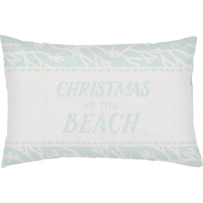 Sea-sons Greetings Indoor/Outdoor Pillow by Livabliss in seafoam. Made from front: 100% polyester, back: 100% polyester, fill: 100% polyester, polyfill in a coastal style.