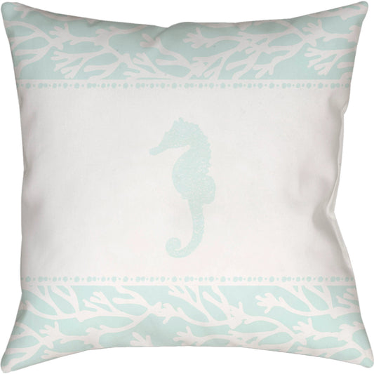 Seasalt & Seahorses Pillow - 16992 by Livabliss in seafoam. Made from front: 100% polyester, back: 100% polyester, fill: 100% polyester, polyfill in a coastal style.
