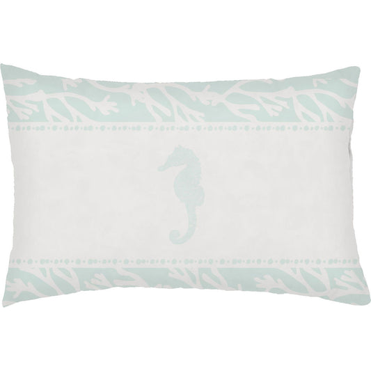 Seasalt & Seahorses Pillow - 16992 by Livabliss in seafoam. Made from front: 100% polyester, back: 100% polyester, fill: 100% polyester, polyfill in a coastal style.