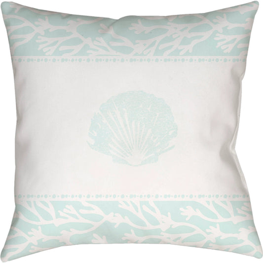 Seasalt & Seashells Pillow - 13835 by Livabliss in seafoam. Made from front: 100% polyester, back: 100% polyester, fill: 100% polyester, polyfill in a coastal style.