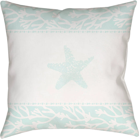 Seasalt & Starfish Pillow - 11445 by Livabliss in seafoam. Made from front: 100% polyester, back: 100% polyester, fill: 100% polyester, polyfill in a coastal style.