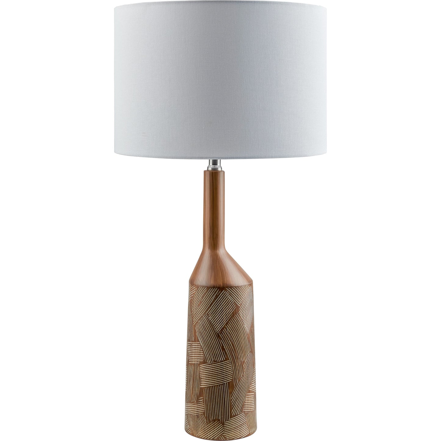 001 SI-2052672 | Primary Silo | Phelps Table Lamp by Surya in translucent, metallic nickel, white, metallic silver, dark brown and painted. Made from body: resin, shade (outside): linen, shade (inside): linen, finial: metal in a modern style.