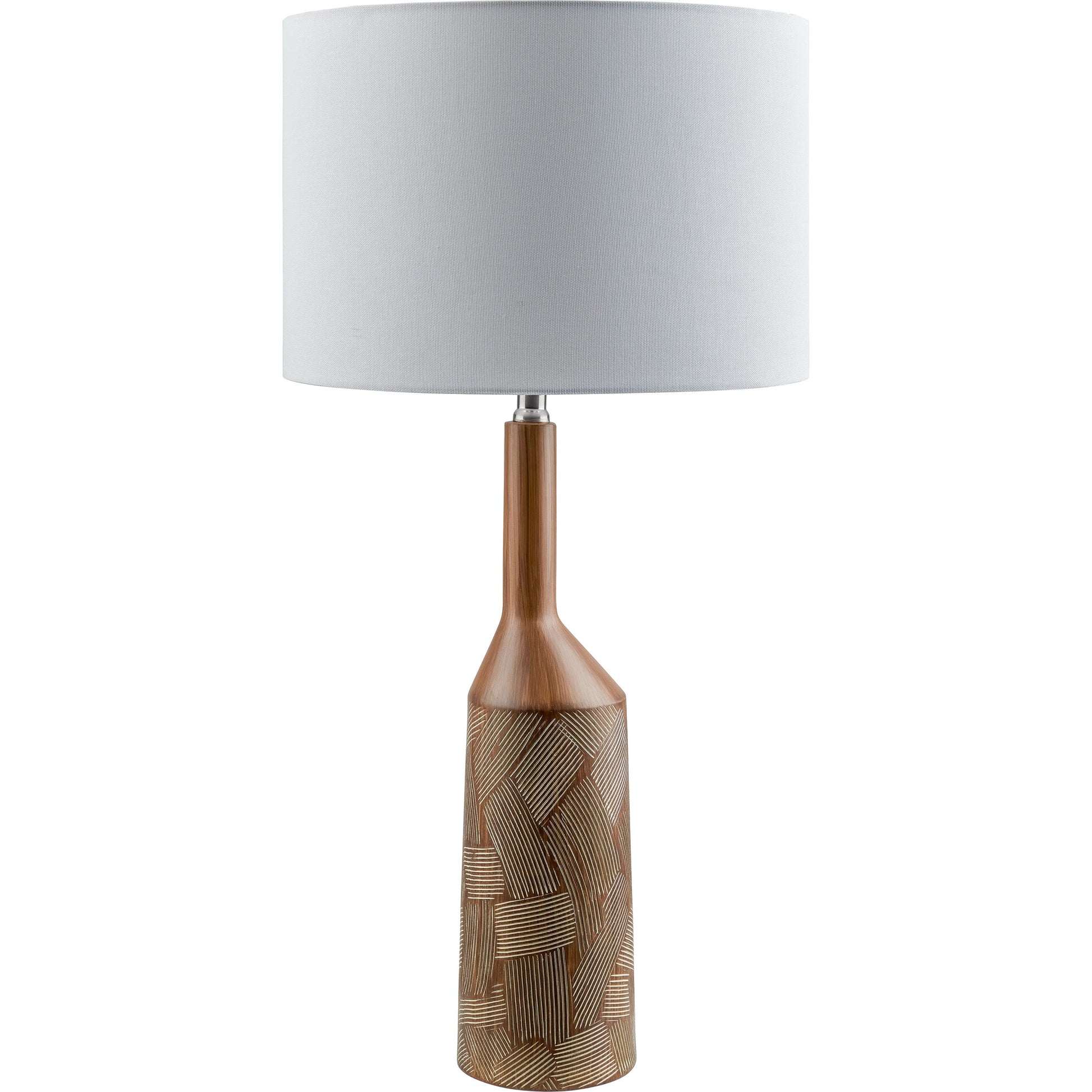 Phelps Table Lamp by Surya in translucent, metallic nickel, white, metallic silver, dark brown and painted. Made from body: resin, shade (outside): linen, shade (inside): linen, finial: metal in a modern style.
