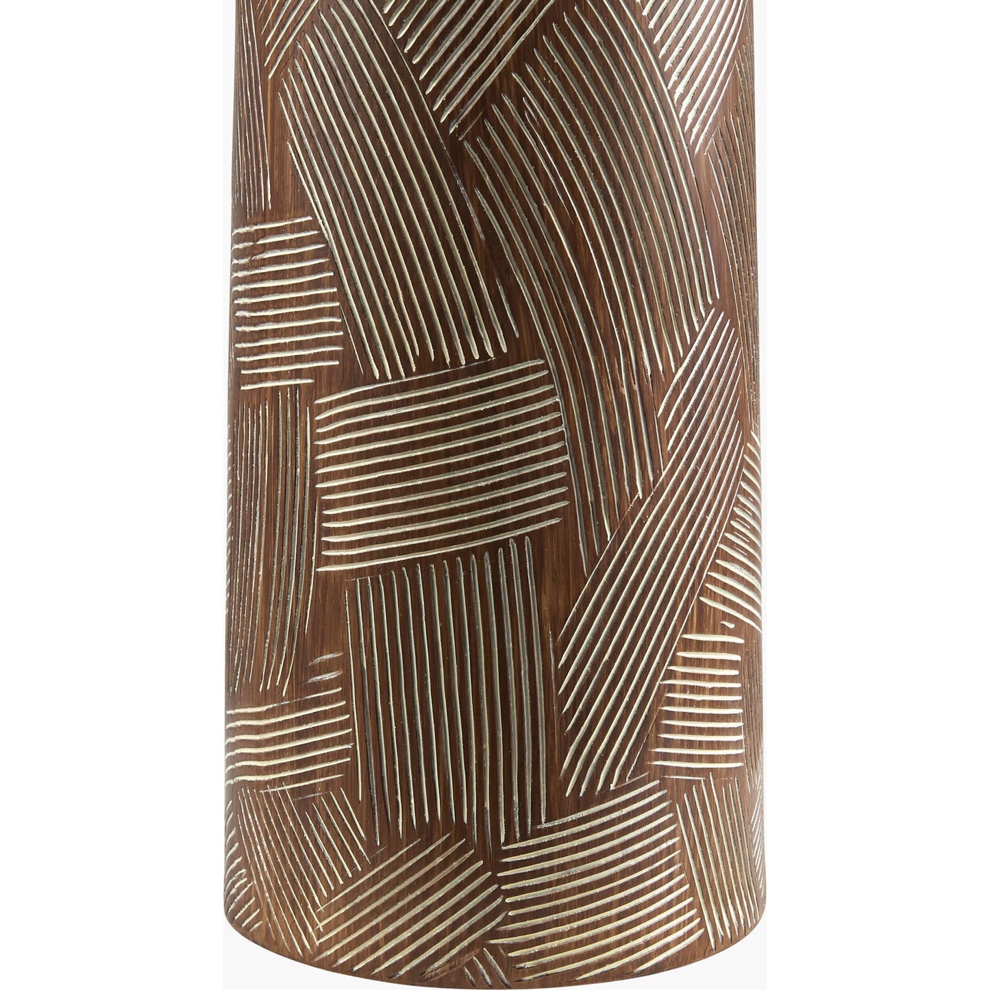 002 SI-2052672 | Closeup | Phelps Table Lamp by Surya in translucent, metallic nickel, white, metallic silver, dark brown and painted. Made from body: resin, shade (outside): linen, shade (inside): linen, finial: metal in a modern style.