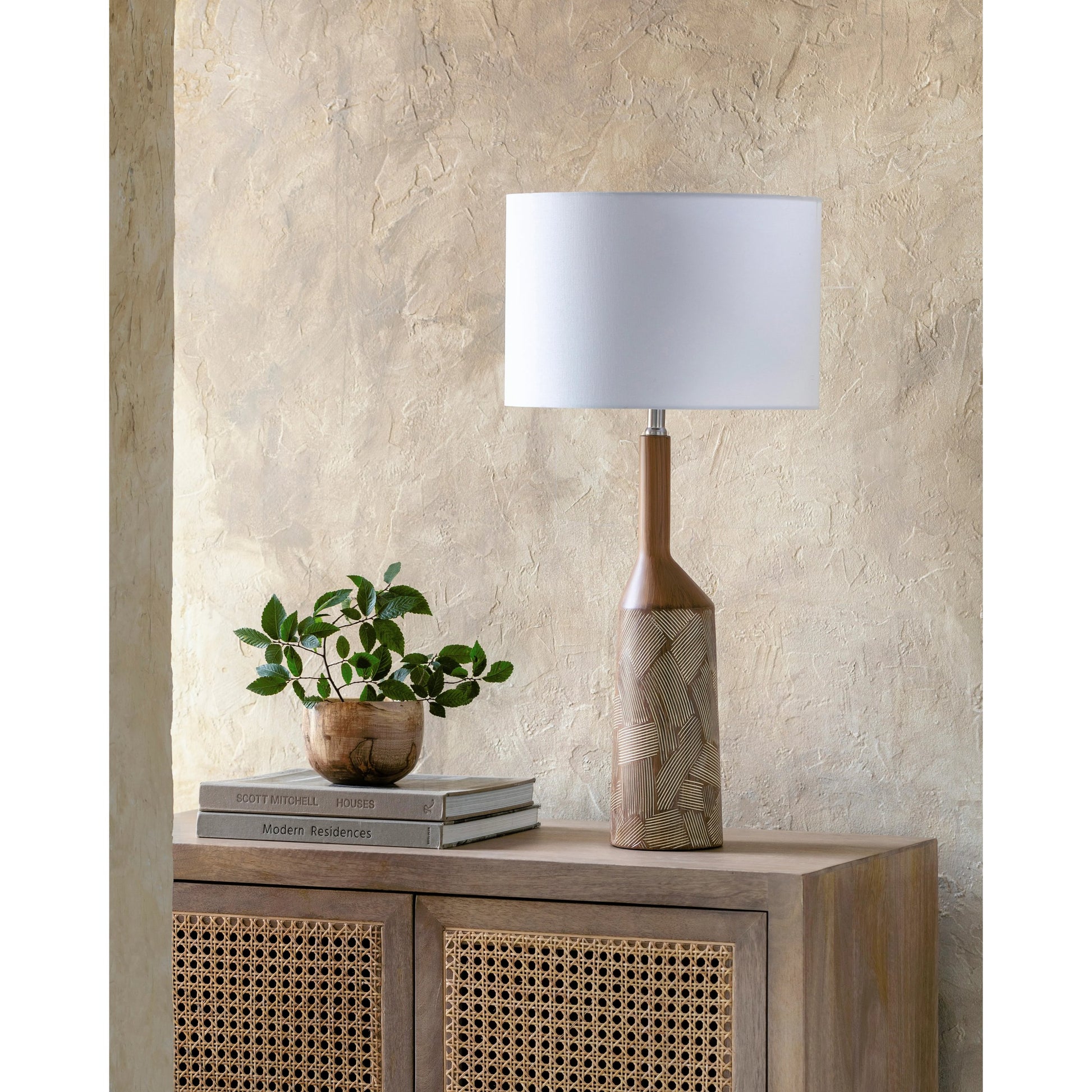 Phelps Table Lamp by Surya in translucent, metallic nickel, white, metallic silver, dark brown and painted. Made from body: resin, shade (outside): linen, shade (inside): linen, finial: metal in a modern style.