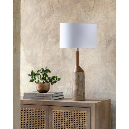 Phelps Table Lamp by Surya in translucent, metallic nickel, white, metallic silver, dark brown and painted. Made from body: resin, shade (outside): linen, shade (inside): linen, finial: metal in a modern style.