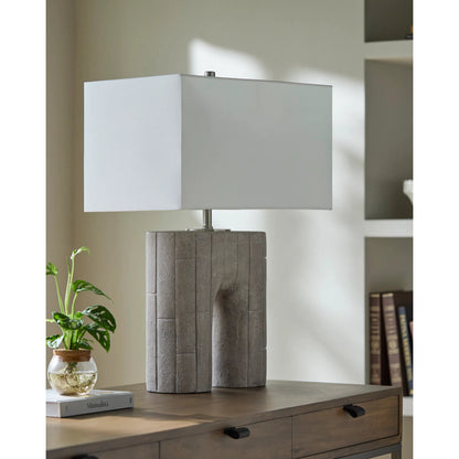 Parham Accent Table Lamp by Surya in gray, translucent, cream, metallic nickel and plated, painted. Made from resin, linen, polyester, steel in a transitional style.