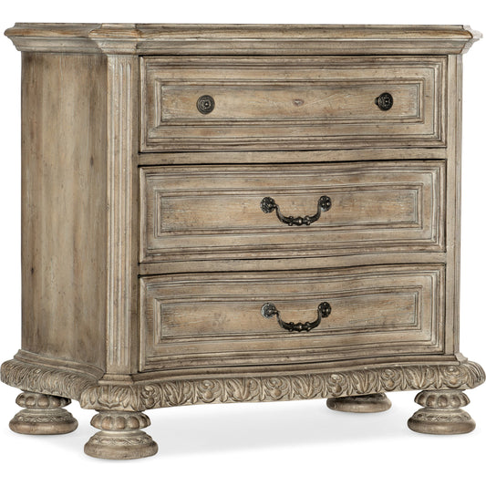 Castella Three Drawer Nightstand by Hooker Furniture in antique slate. Made from pecan, quartered walnut, quartered black walnut, quartered ash, maple veneers, cedar drawer bottom, resin, outlet, felt panel in a traditional 