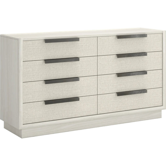 Cotiere Dresser in Linen by A.R.T. Furniture in linen. Made from parawood solids, mixed split cathedral, quarter white oak veneers, fabric in a transitional style.