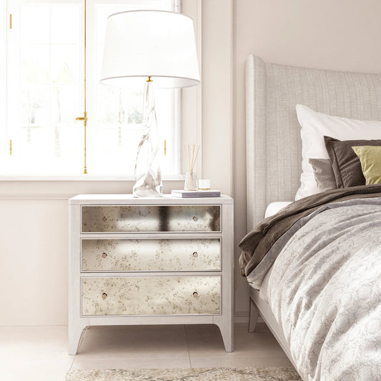 Mezzanine Nightstand by A.R.T. Furniture in dove gray. Made from parawood, poplar solids, maple veneer, mirror in a modern style.