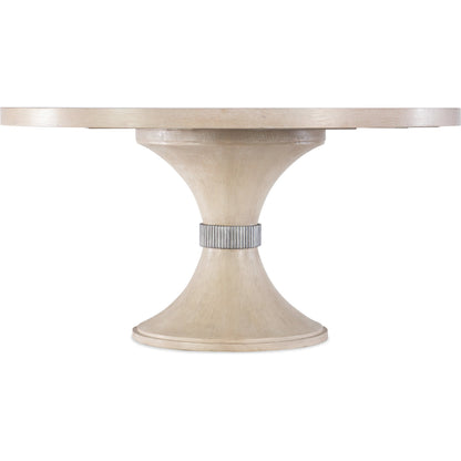 Nouveau Chic Round Pedestal Dining Table by Hooker Furniture in sandstone. Made from oak veneers, resin in a modern style.