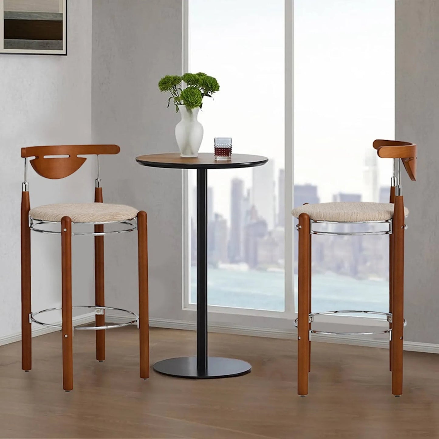 000 SI-2448083 | Lifestyle | Nikko Bar Stool (Set of 2) by Pasargad Home in beige, brown. Made from metal, wood in a traditional style.