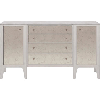 Mezzanine Buffet by A.R.T. Furniture in dove gray. Made from parawood, poplar solids, maple veneer, mirror, travertine in a modern style.