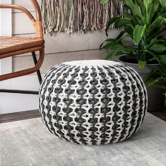 Santorini Pouf by Pasargad Home in grey, ivory. Made from cotton in a modern style.
