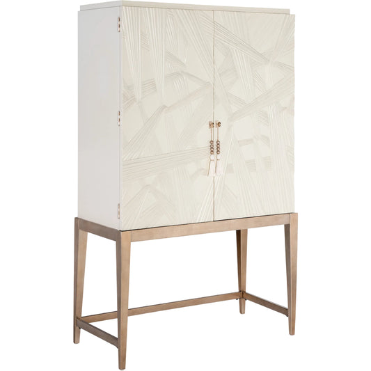 Melange Dream Weaver Bar Cabinet by Hooker Furniture in white and cream colored, champagne. Made from birch veneers, resin, tempered glass in a unique style.