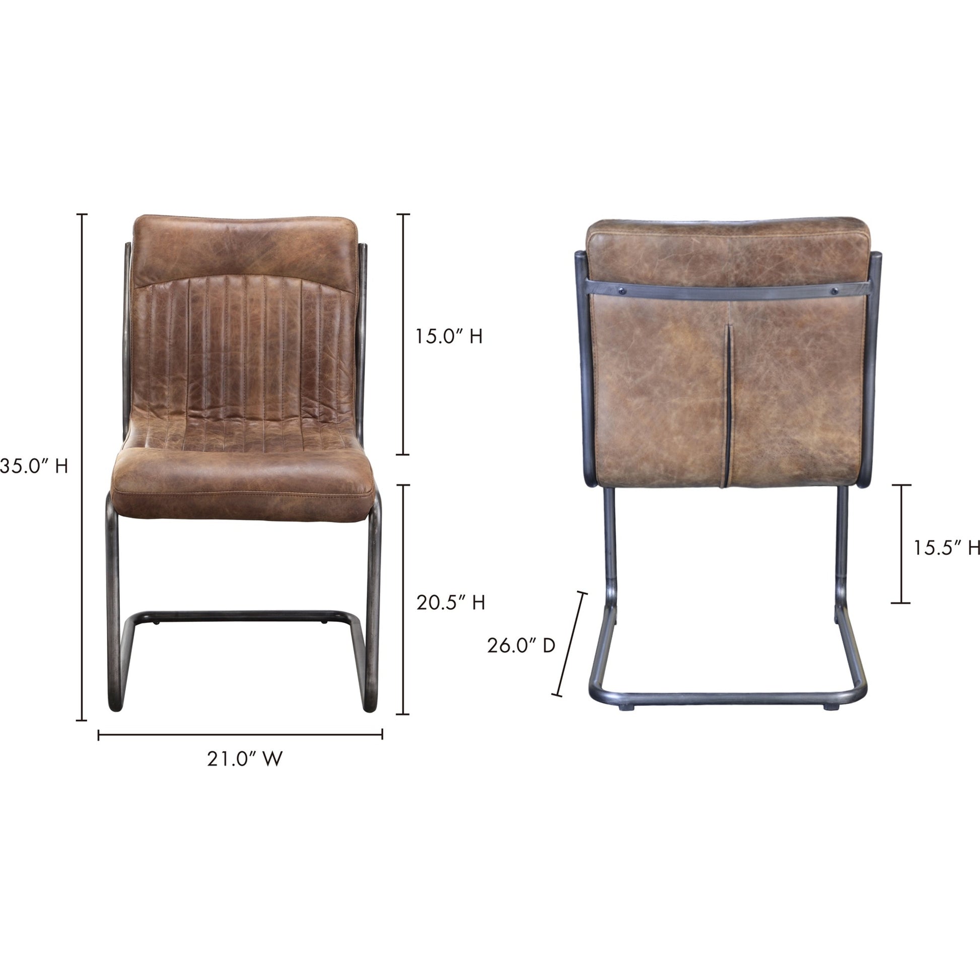 Ansel Dining Chair (Set of 2) by Moe's Home Collection in brown. Made from top grain leather, hardwood, plywood frame, fireproof foam in a modern style.