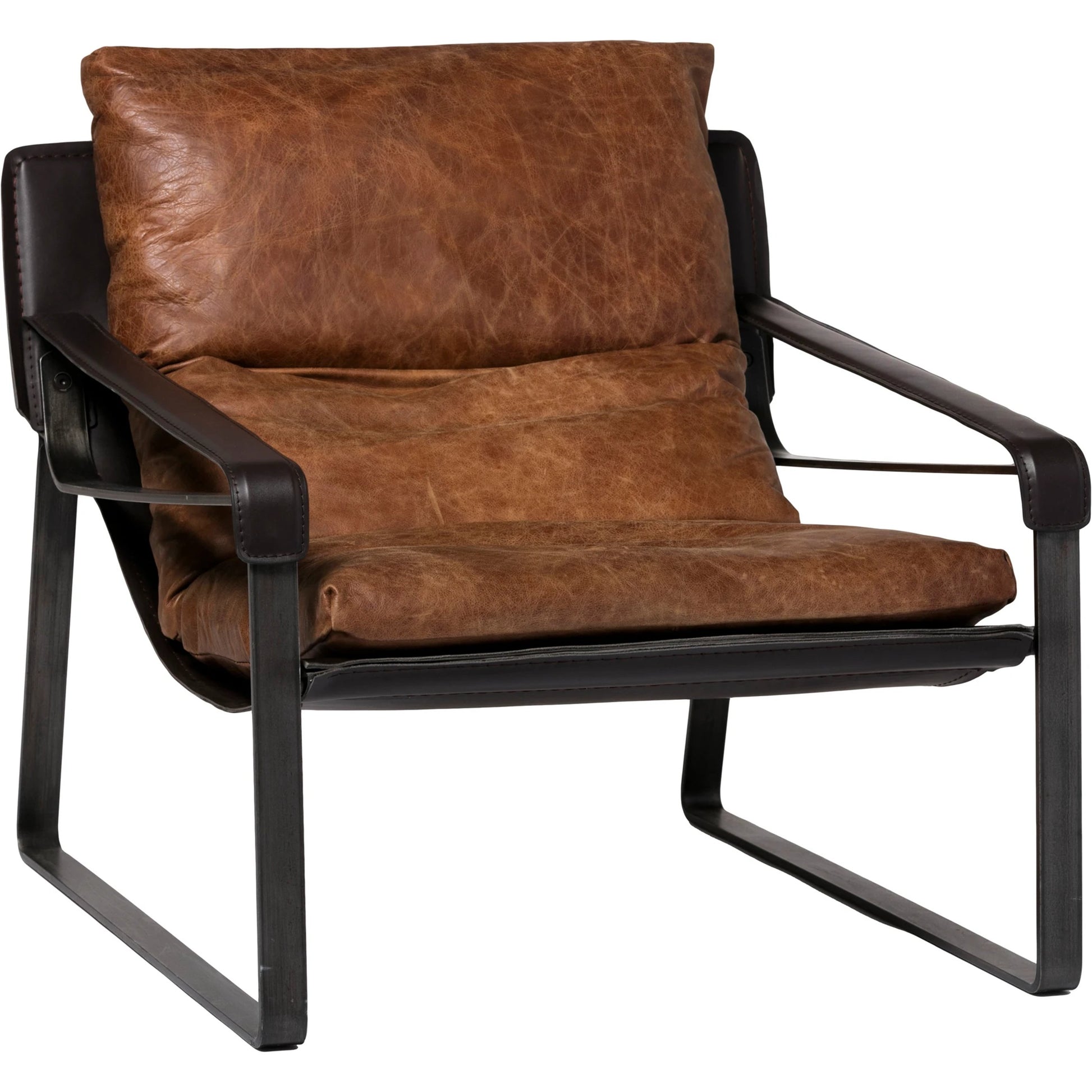 Connor Club Chair Open Road Leather by Moe's Home Collection. Made from upholstery: top-grain leather, iron frame, bonded leather cushion support, foam, feather fill in a modern style.