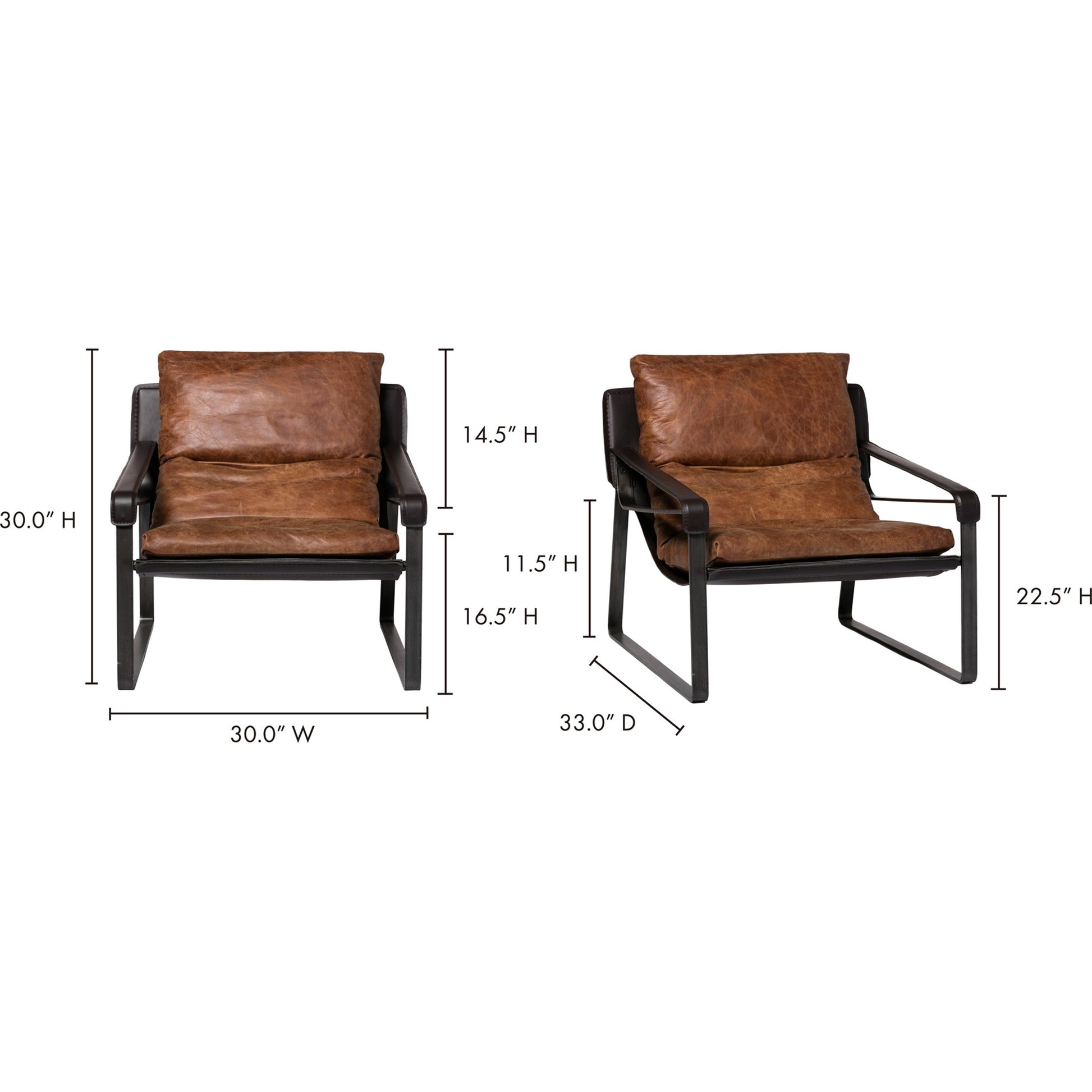 Connor Club Chair Open Road Leather by Moe's Home Collection. Made from upholstery: top-grain leather, iron frame, bonded leather cushion support, foam, feather fill in a modern style.