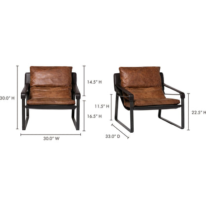 Connor Club Chair Open Road Leather by Moe's Home Collection. Made from upholstery: top-grain leather, iron frame, bonded leather cushion support, foam, feather fill in a modern style.