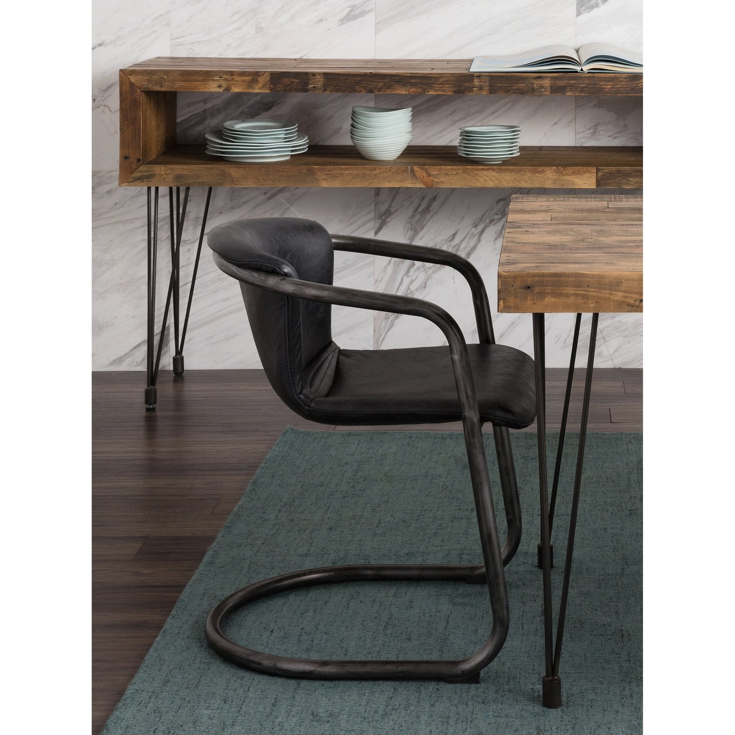022 S-699896 | Lifestyle | Freeman Dining Chair (Set of 2) by Moe's Home Collection in black. Made from top grain leather, iron frame, plywood in a modern style.