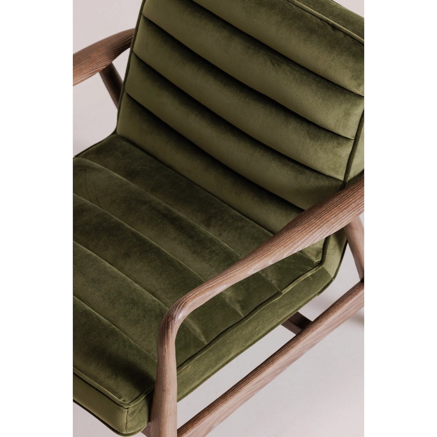 003 SI-2253582 | Closeup | Anderson Armchair by Moe's Home Collection in dark ivy velvet. Made from upholstery: 100% polyester fiber, ash wood frame, plywood, foam cushioning in a traditional style.