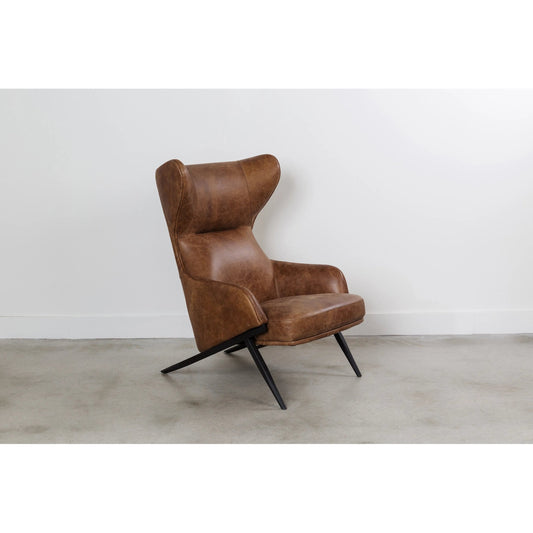 Amos Accent Chair by Moe's Home Collection in cappuccino. Made from top grain leather, iron leg, high density foam, velvet pillow in a modern style.