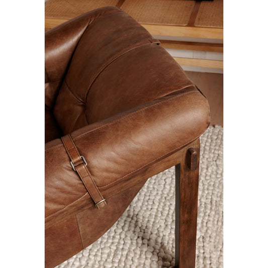 Bellos Accent Chair by Moe's Home Collection in brown. Made from upholstery: top grain leather, solid rubberwood frame, foam in a traditional style.