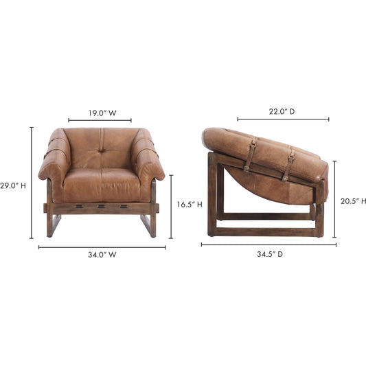 Bellos Accent Chair by Moe's Home Collection in brown. Made from upholstery: top grain leather, solid rubberwood frame, foam in a unique style.