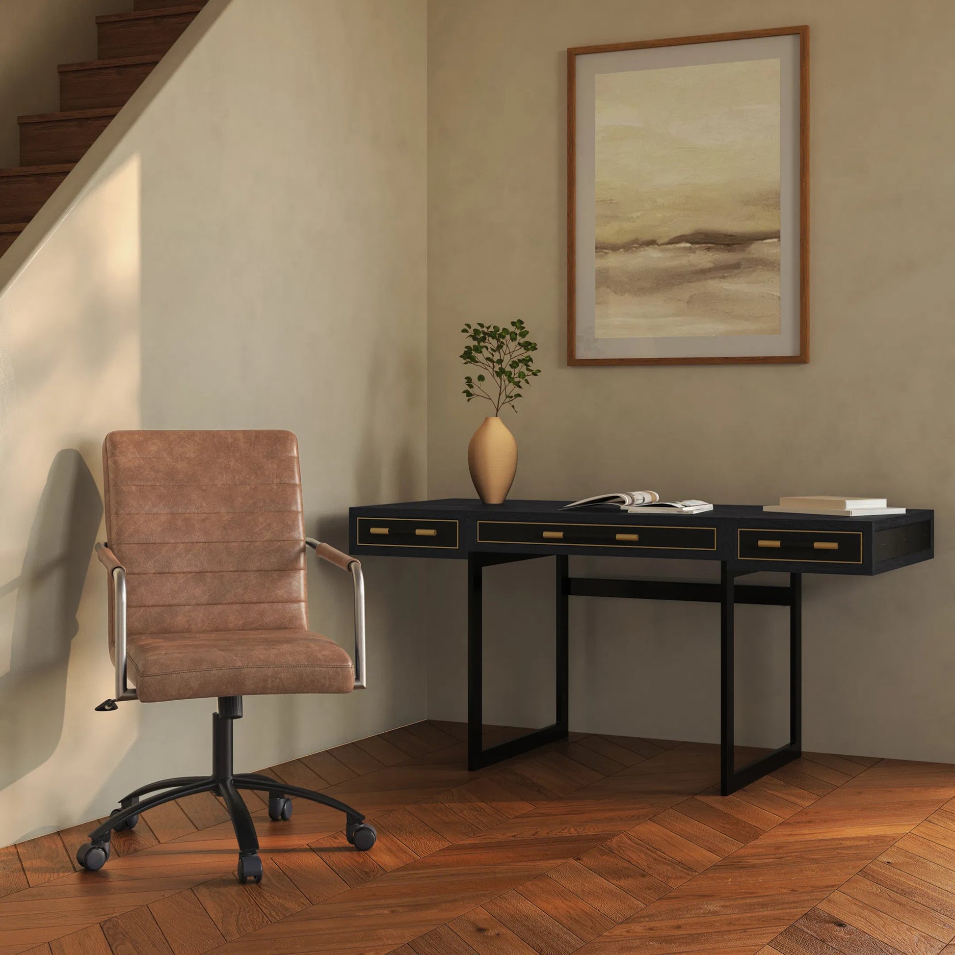 Roy Office Chair by Moe's Home Collection in na. Made from top grain leather, iron base, foam, plywood in a traditional style.