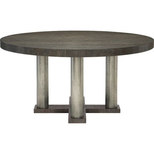 Linea Round Dining Table by Bernhardt in cerused charcoal, textured graphite metal. Made from white oak veneers, cast aluminum in a unique style.