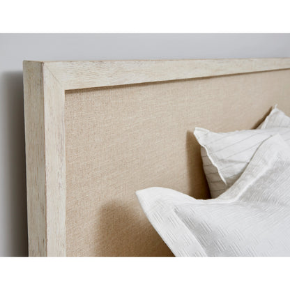 Cotiere Panel Bed by A.R.T. Furniture in beige and linen. Made from parawood solids, mixed split cathedral and quarter white oak veneers, fabric in a modern style.