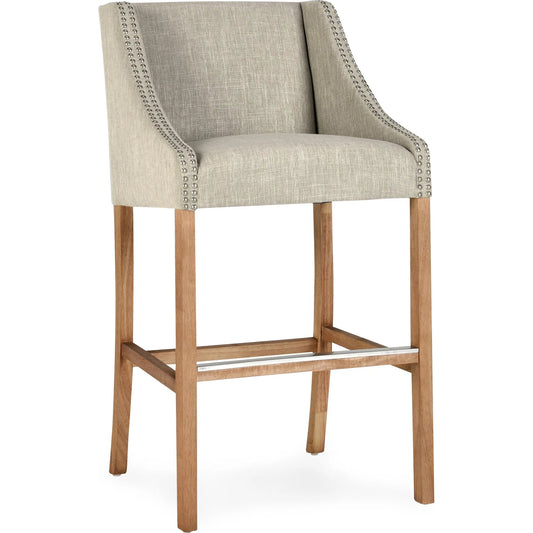 Castaic Upholstered Barstool by Kosas Home in french beige upholstery, honey brown legs. Made from blended upholstery (57% polyester 25% viscose 18% linen), rubber wood legs in a transitional style.