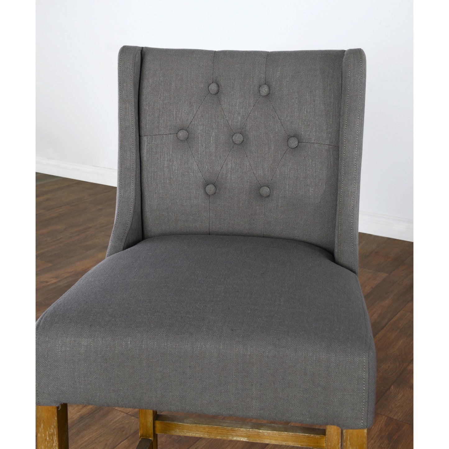 005 SR-897712 | Additional Silo | Karla Tufted Barstool by Kosas Home in gray. Made from blended upholstery (57% polyester 25% viscose 18% linen), rubber wood legs in a transitional style.