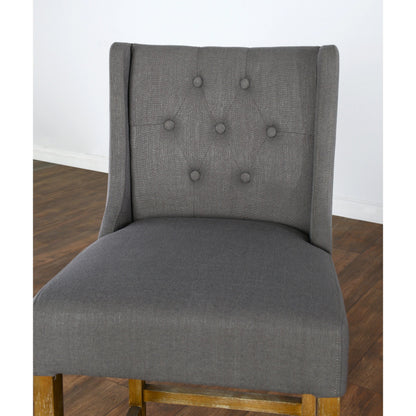 Karla Tufted Barstool by Kosas Home in gray. Made from blended upholstery (57% polyester 25% viscose 18% linen), rubber wood legs in a transitional style.