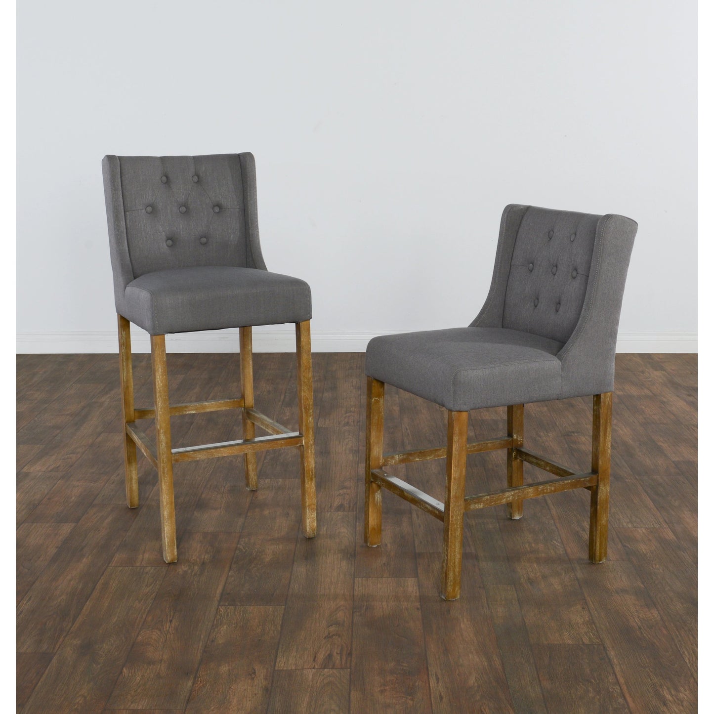 004 SR-897712 | Additional Silo | Karla Tufted Barstool by Kosas Home in gray. Made from blended upholstery (57% polyester 25% viscose 18% linen), rubber wood legs in a transitional style.