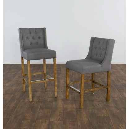 Karla Tufted Barstool by Kosas Home in gray. Made from blended upholstery (57% polyester 25% viscose 18% linen), rubber wood legs in a transitional style.