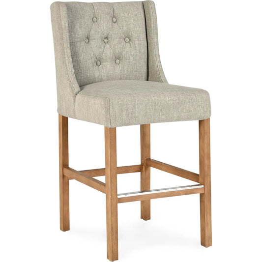 Karla Tufted Counter Stool by Kosas Home in french beige upholstery, natural brown legs. Made from blended upholstery (57% polyester 25% viscose 18% linen), rubber wood legs in a transitional style.