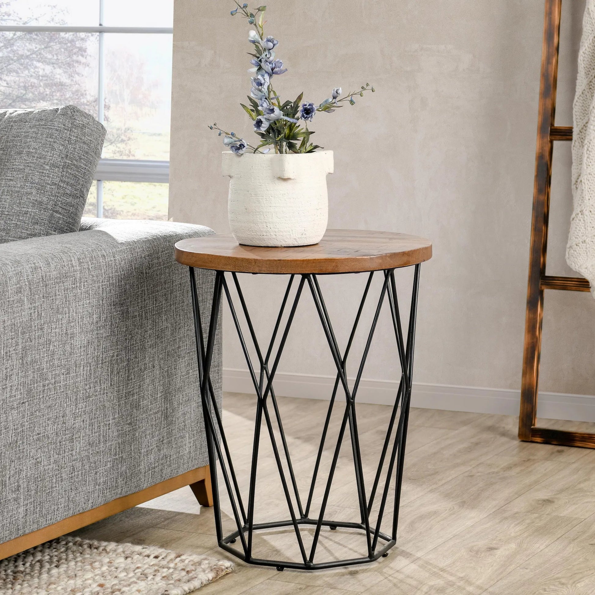 Chester End Table by Kosas Home in chestnut brown top, black finish base. Made from mango wood top, iron base in a modern style.