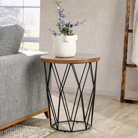 Chester End Table by Kosas Home in chestnut brown top, black finish base. Made from mango wood top, iron base in a modern style.