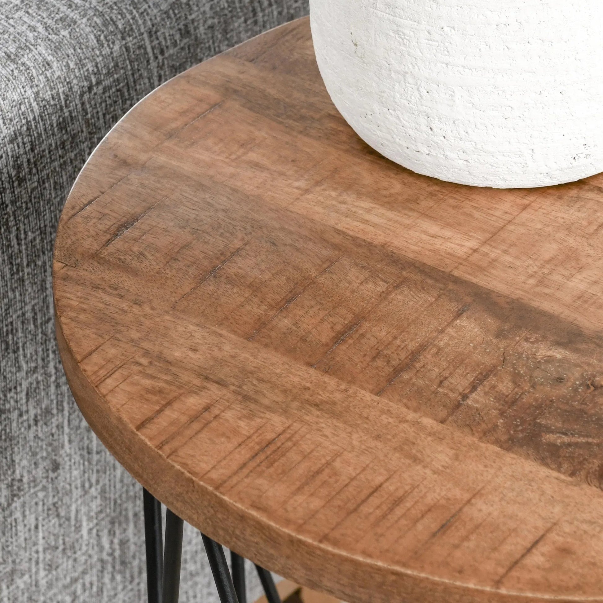 Chester End Table by Kosas Home in chestnut brown top, black finish base. Made from mango wood top, iron base in a modern style.