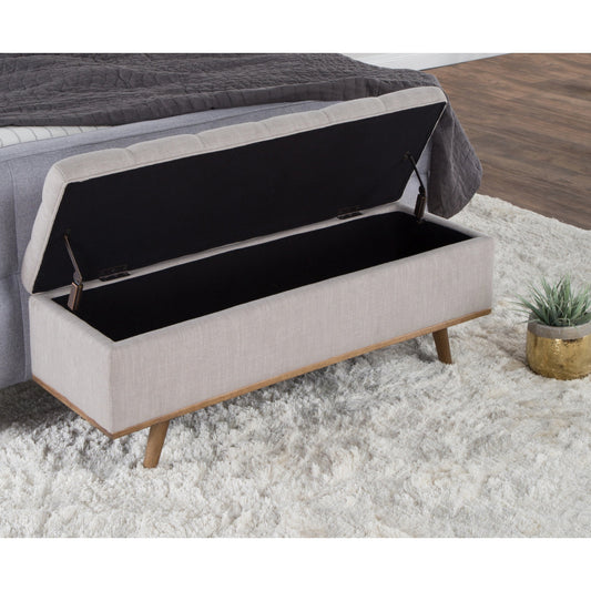 Stimpson Storage Bench by Kosas Home in french beige. Made from solid wood, upholstered in: 57% polyester, 25% viscose, 18% linen in a transitional style.