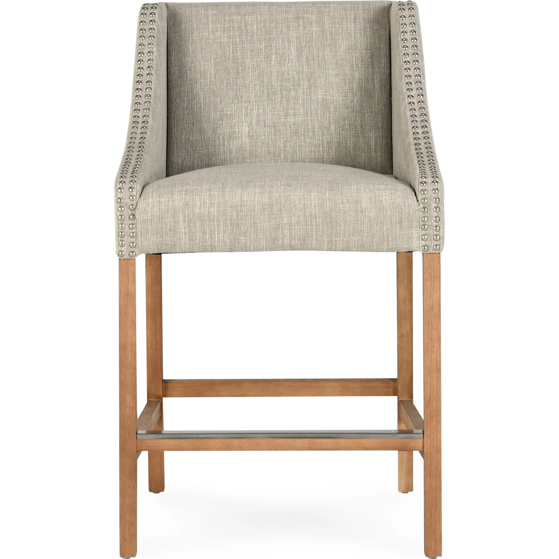 Castaic Counter Stool by Kosas Home in french beige, honey brown. Made from blended upholstery (28% linen, 18% polyester, 54% velvet, rubber wood legs in a modern style.