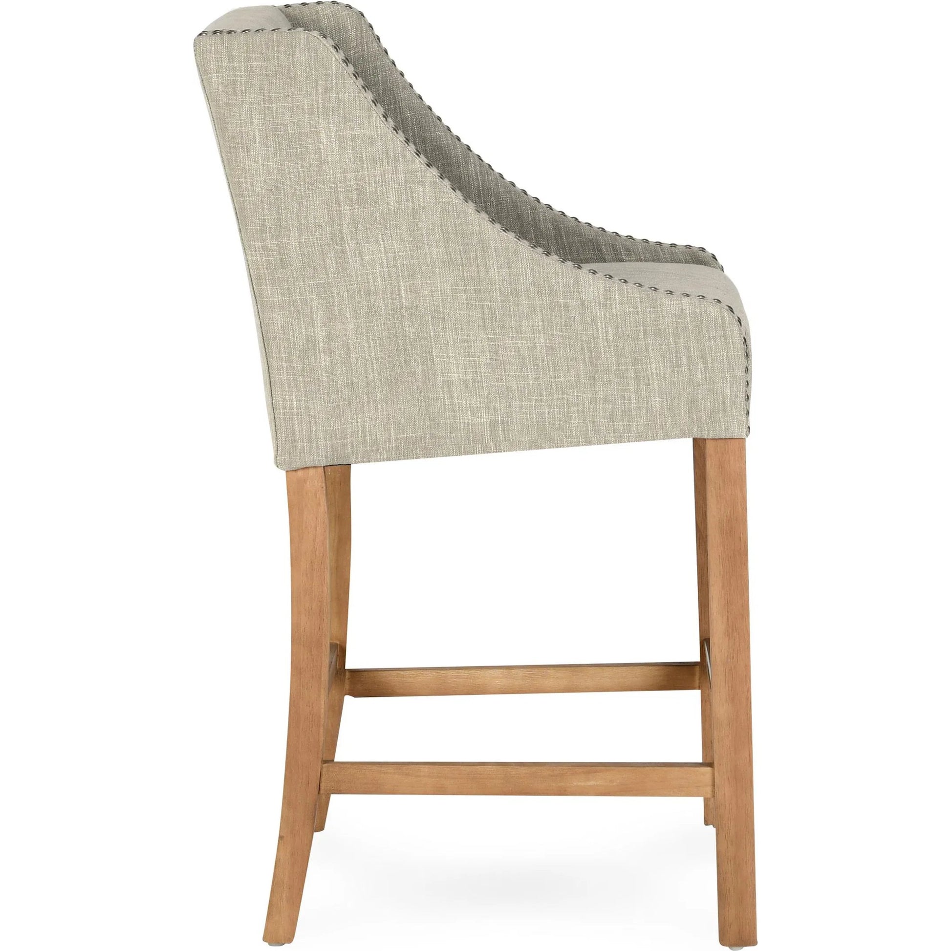 Castaic Counter Stool by Kosas Home in french beige, honey brown. Made from blended upholstery (28% linen, 18% polyester, 54% velvet, rubber wood legs in a modern style.