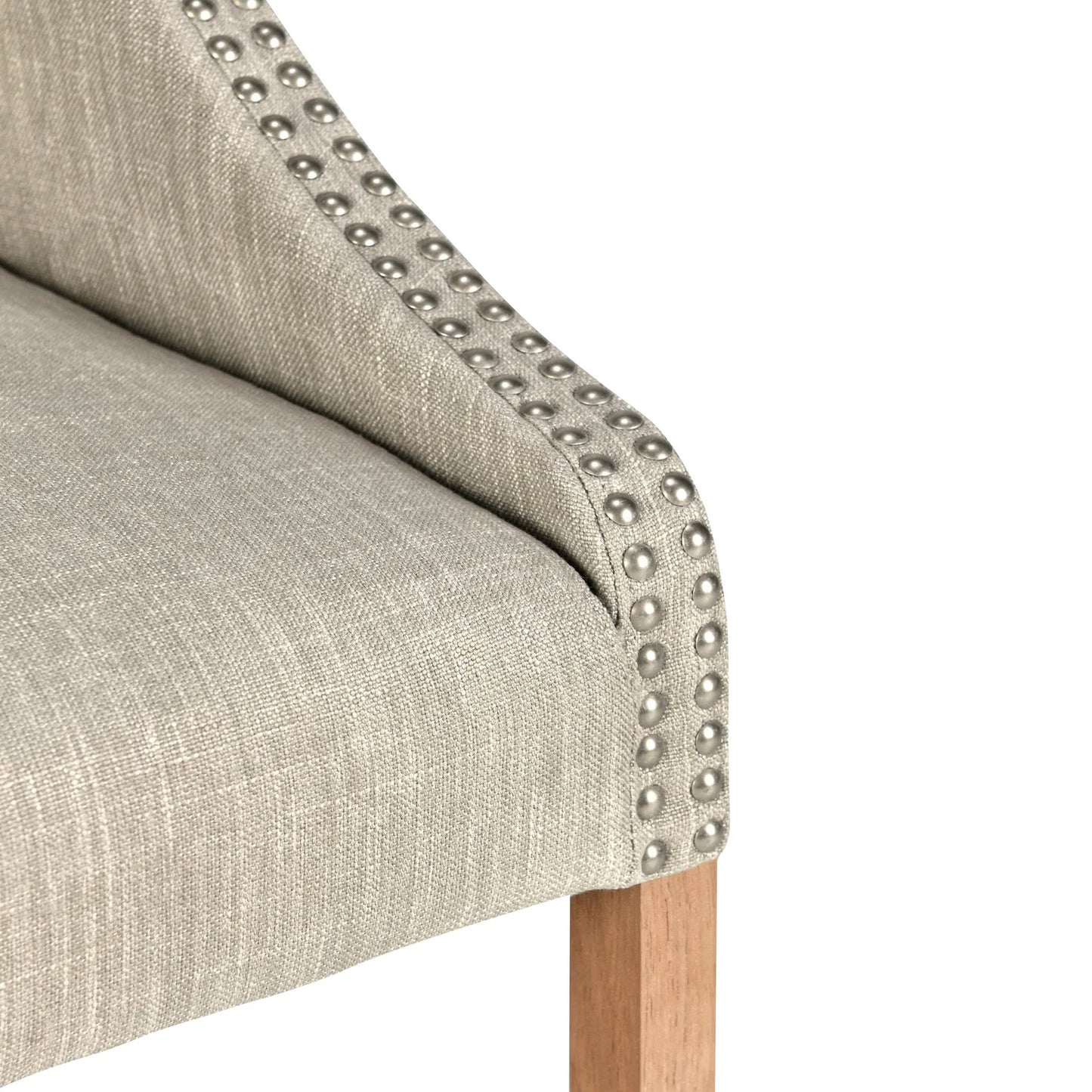 008 SR-897676 | Closeup | Castaic Counter Stool by Kosas Home in french beige, honey brown. Made from blended upholstery (28% linen, 18% polyester, 54% velvet, rubber wood legs in a modern style.