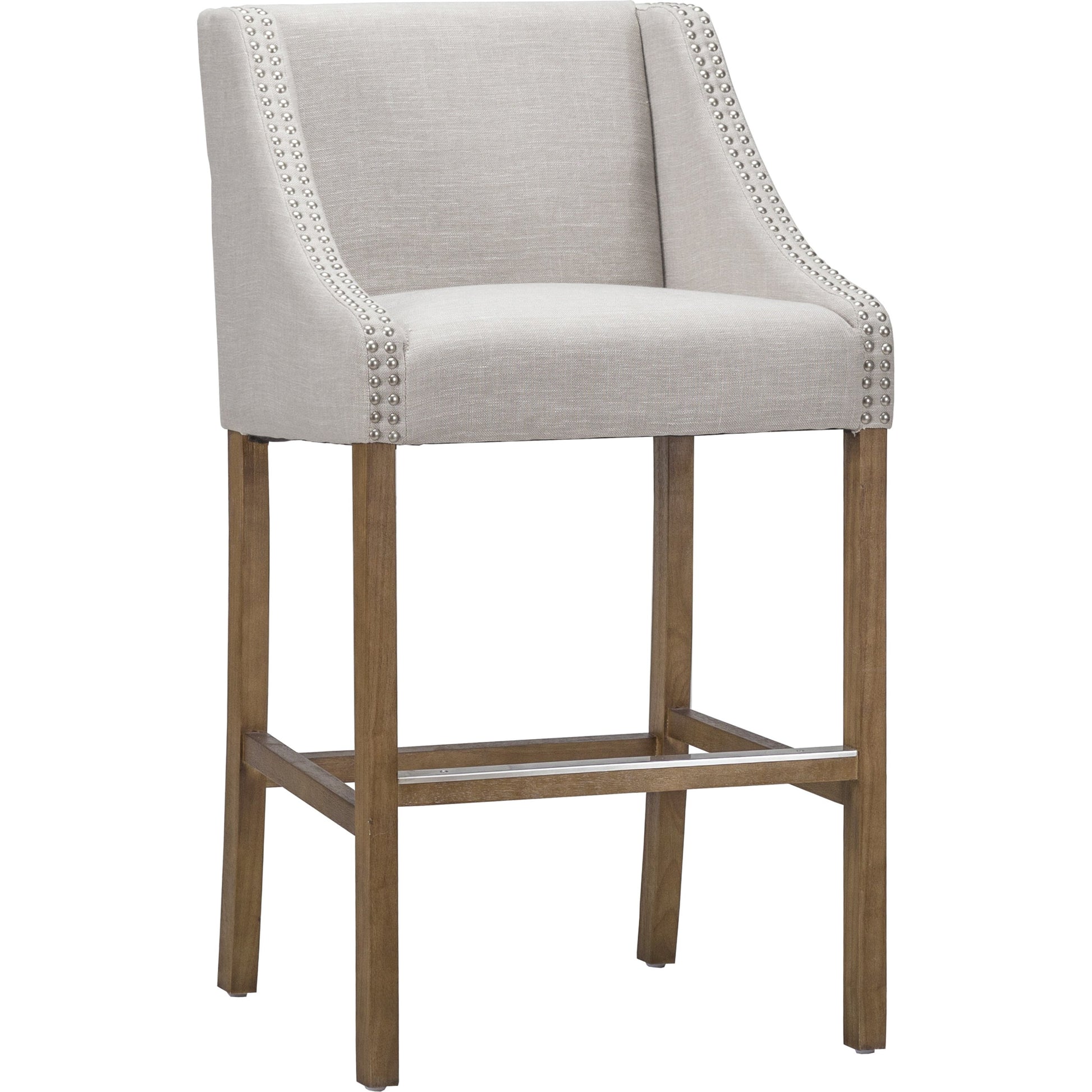 Castaic Counter Stool by Kosas Home in french beige, honey brown. Made from blended upholstery (28% linen, 18% polyester, 54% velvet, rubber wood legs in a modern style.