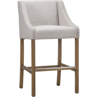 Castaic Counter Stool by Kosas Home in french beige, honey brown. Made from blended upholstery (28% linen, 18% polyester, 54% velvet, rubber wood legs in a modern style.